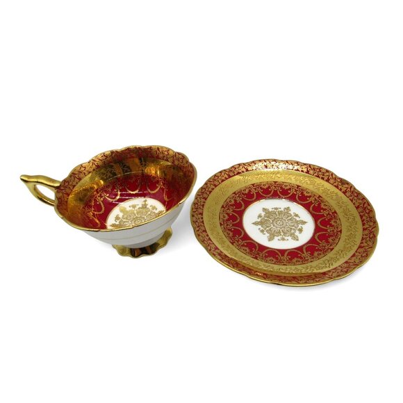 ROYAL STAFFORD Red Gold Filigree Tea Cup and Saucer England Vintage - Picture 7 of 12